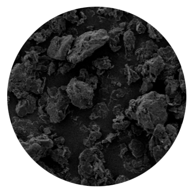 A scanning electron microscope image of synthetic graphite with a tapped density of 600 g/L.
