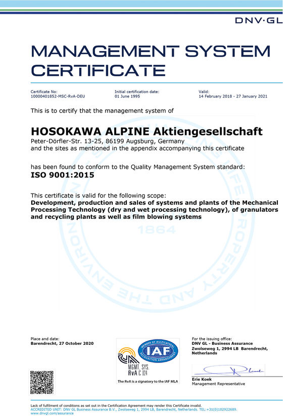 Hosokawa Alpine certificate ISO 9001